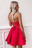 Simple Red Satin Sweetheart Strapless Homecoming Dresses Above Knee Short Prom Dresses STK14982