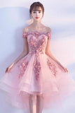 Pink Lace Tulle Short Prom Dress Off-the-Shoulder Appliques Lace up Homecoming Dresses STKPST13190