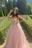 Pink Strapless A-Line Lace Top Tulle Formal Evening Dresses Long Prom Dresses