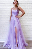 Lilac A Line Tulle Lace Evening Dresses Appliques Long Prom Dresses