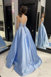 A Line Spaghetti Straps Formal Evening Dresses Satin Blue Long Prom Dresses