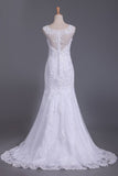 2024 Off The Shoulder Wedding Dresses Mermaid Tulle With Applique And Beads Court PZ6STH2Z