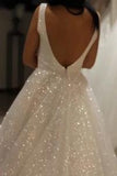Shiny Ivory Sequins V Neck Backless Straps Wedding Dresses, Beach Bridal Dresses STK15375