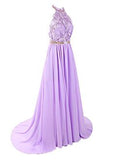 Halter Applique Open Back Long Chiffon Prom Dresses Evening Dresses