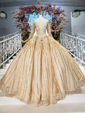 Long Sleeve Ball Gown Beads Lace Appliques Prom Dresses Sequins Quinceanera Dresses STK15241