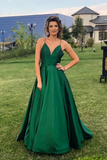 Simple V Neck Satin Prom Dress, A Line Spaghetti Straps Long Evening Dress