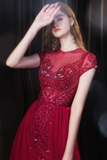 Fabulous Scoop Glitter Red Prom Dress Short Sleeves Pearl Evening Dress