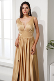 Simple Champagne Prom Dress V Neck Split Front Evening Dress