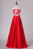 2024 New Arrival Strapless With Applique A Line Satin Evening Dresses Floor PC4QTTMY