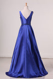 2024 A Line Prom Dresses Straps Beaded Waistline Satin Floor P6K4SS8R