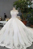 2024 New Arrival Satin Boat Neck Wedding Dresses Lace Up With Appliques PX26F2DD