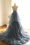 Spaghetti Straps Blue Gray Tulle V Neck Long Ruffles Prom Dresses with Lace Applique STK15411