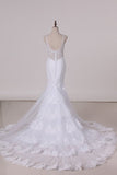 2024 Open Back Mermaid Spaghetti Straps Wedding Dresses Tulle With Applique And PD96QN8E