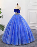 Ball Gown Sweetheart Strapless Blue Prom Dresses with Beading, Tulle Quinceanera Dresses STK15073