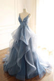 Spaghetti Straps Blue Gray Tulle V Neck Long Ruffles Prom Dresses with Lace Applique STK15411