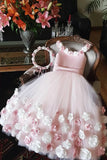A Line Round Neck Pink Hand Made Flowers Flower Girl Dresses Tulle Wedding Party Dresses STK15019