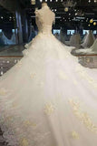 2024 Marvelous Floral High Neck Wedding Dresses Lace Up Back Handmade Flowers PM1A48QD