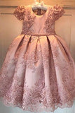 Princess Ball Gown Round Neck Pink Beads Flower Girl Dresses with Appliques STK15587