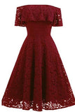 A-line Short Sleeve Burgundy Off-the-Shoulder Lace Knee-Length Grace Homecoming Dresses