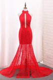 2024 Mermaid High Neck Prom Dresses Lace With Slit PHZ4Z1LZ