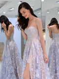 Charming Sweetheart Strapless Lace Appliques Lilac Prom Dresses with STK15632