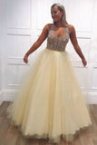 Simple Daffodil V-Neck A-Line Tulle Beads Formal Evening Dresses Long Prom Dresses