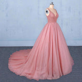 Ball Gown V Neck Tulle Prom Dress with Beads, Puffy Pink Sleeveless Quinceanera Dresses STK15074