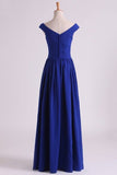 2024 Off The Shoulder Evening Dresses A Line Ruched Bodice Chiffon Floor Length Dark Royal PPGF9N66