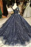 2024 Prom Dress Ball Gown Bateau Cap Sleeves Dark Navy Lace P1B27EEP