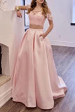 Two Piece Off the Shoulder Blush Pink Prom Dresses with Pockets, Long Lace Prom Gowns STK15445