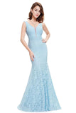 Sexy Fitted Lace Mermaid Blue V Neck Long Prom Dresses Evening Dresses STK15334