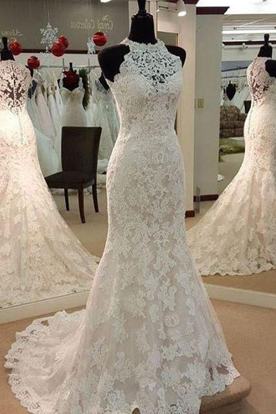 Elegant Halter Mermaid Lace Long Cheap Wedding Dresses, WDS0047 –  QueenaBridal