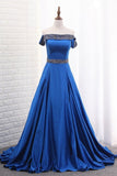 2024 A Line Prom Dresses Boat Neck Satin With Beads PS5DFTM2