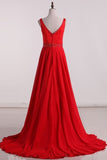 2024 A Line V Neck Prom Dresses Chiffon With Beading P9SATFD2