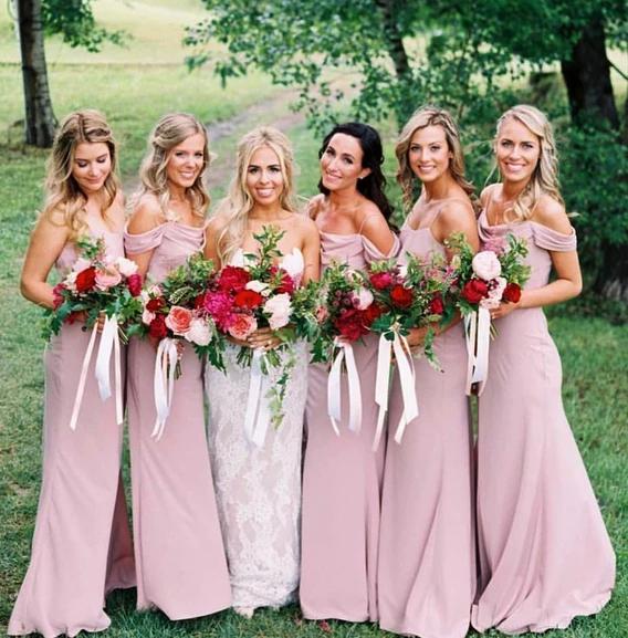 Buy Dusty Pink Chiffon Sheath Off Shoulder Long Bridesmaid Dresses ...