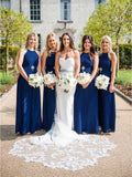 Charming Halter Neck Blue Pleated Long Bridesmaid Dresses, Wedding Party Dresses STK15099
