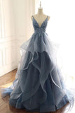 Spaghetti Straps Blue Gray Tulle V Neck Long Ruffles Prom Dresses with Lace Applique STK15411