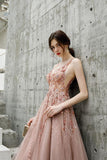 A Line V Neck Pink Beads Straps Prom Dresses Lace up, Long Dance STK15615