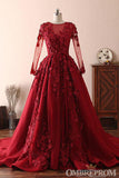 dress Modest Elegant Burgundy Scoop Neck Long Sleeves Ball Gown Prom Dresses With Appliques