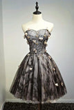 A Line Black Sweetheart Strapless with Flowers Tulle Short School Dress Homecoming Dress