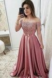 Chic Burgundy Off the Shoulder Floor Length Satin Lace Prom Dresses with Beads