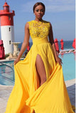 Sexy Elegant A line Yellow Chiffon Cap Sleeves Lace Evening Prom Dresses