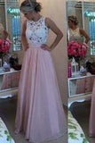 Gorgeous Lace Chiffon A-Line Formal Prom Gown With Pearls Blush Pink Long Prom Dresses