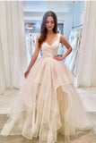 Elegant Ivory Tulle V Neck Spaghetti Straps Wedding Dresses Long Cheap Prom Dresses