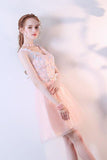 A Line Pink Tulle Cap Sleeves Scoop Short Prom Dresses with Flowers Homecoming Dress