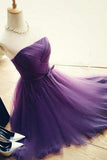 Elegant A-Line Strapless Purple Tulle Short Homecoming Dress with Bowknot