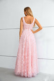 Cute Pink Lace A Line Floor Length Lace Up Prom Dresses