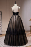 Simple Black Spaghetti Straps Lace A Line Tulle Long Prom Dresses