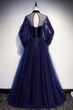 Vintage Long Simple Long Sleeves Evening Prom Dresses Open Back Blue Party Dresses