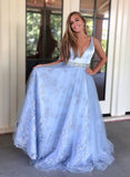 Light Blue V-neck Lace Beading Evening Dresses Elegant Long Prom Dresses